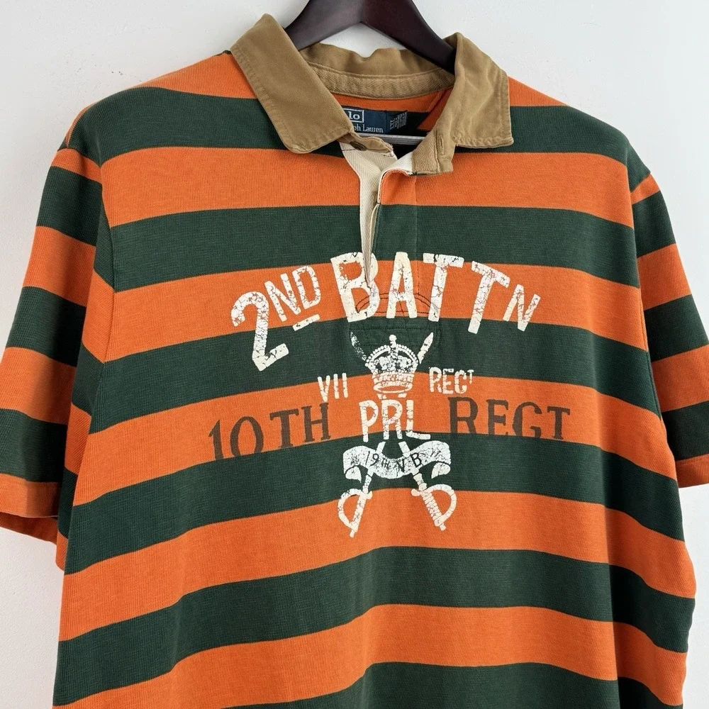 VTG Polo Ralph Lauren Rugby Polo Shirt Mens XXL Orange Green 2nd Battalion Y2K